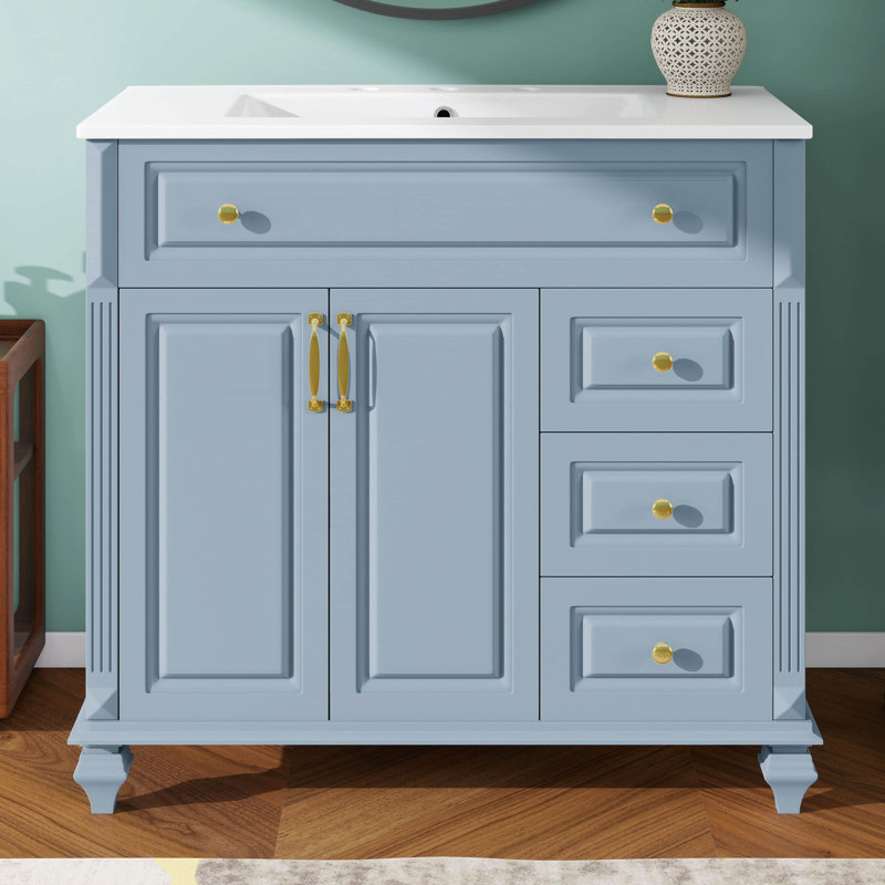 Armoire de salle de bain 36 po avec lavabo, tiroir basculant, portes, armoire en bois massif et panneau de fibres à densité moyenne avec tiroirs et tablette réglable