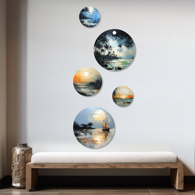 Minimalisme, paysage de pirate bleu et blanc - plage, art mural rond, ensemble de 5