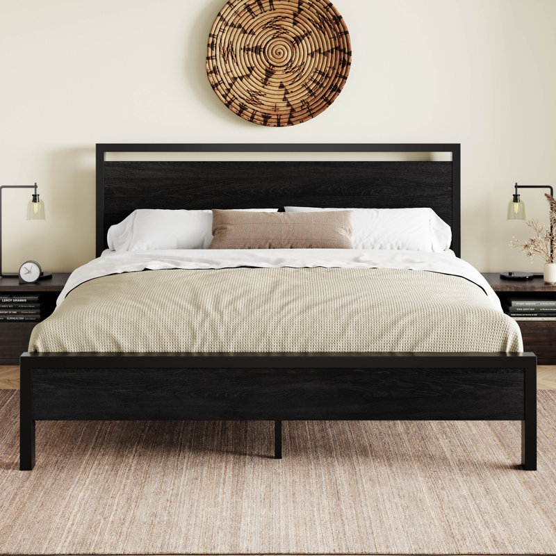 Lit plateforme en métal avec tête de lit en bois, Noir, Lit simple
