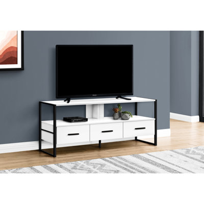 Meuble télé 48 po, meuble multimédia avec tiroirs de rangement, stratifié blanc et métal noir, design contemporain pour le salon de la chambre à coucher, peut accueillir une grande chambre de style télé, écran