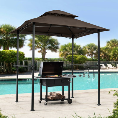 Brown Outdoor Gazebo, Strong Steel Structure, Double Tier Soft Top For Bbq 8X5 Ft Cooking Canopy, Construction -