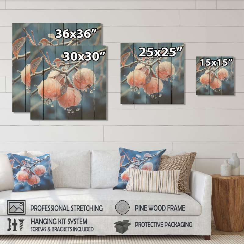 «Pink Frosty Winter Apple Orchard I» - Paysage d'hiver sur bois, H 25 po x l 25 po