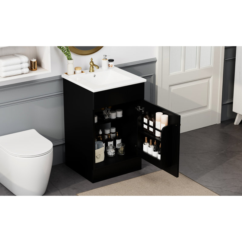 Meuble-lavabo de 20 po avec lavabo, noir. Organisateur d'armoire. Trou de robinet pré-percé dans le lavabo en céramique. Tablette de porte et tablette réglable. Meuble-lavabo noir. Lavabo. Trou lisse et surface imperméable. Silencieux