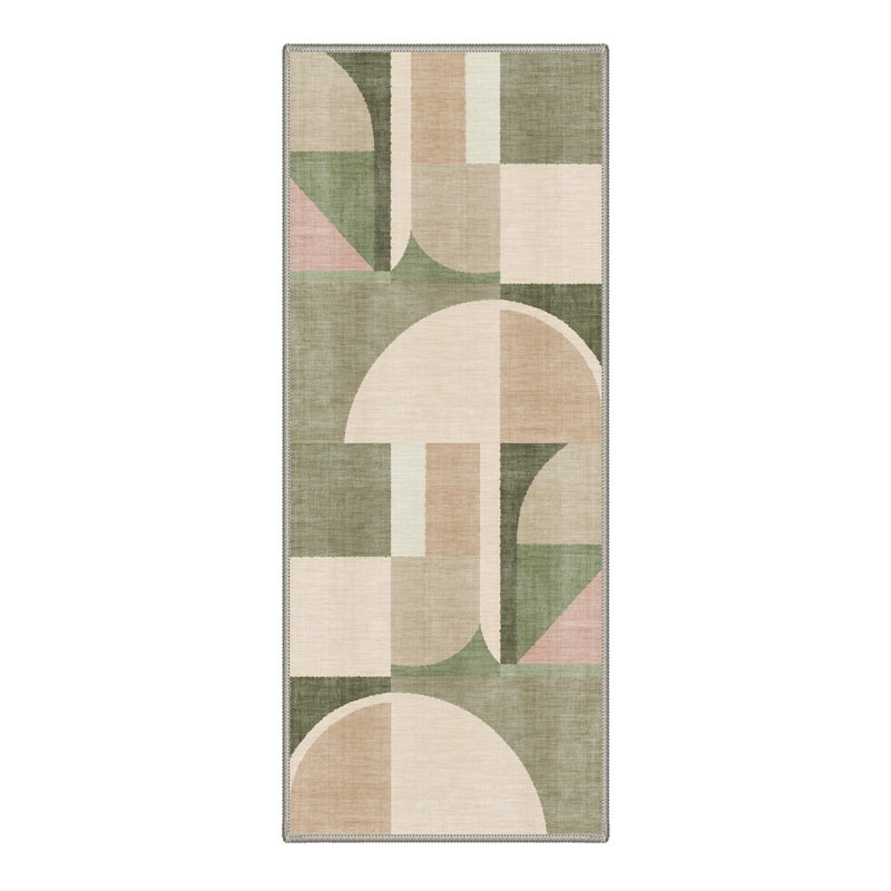 Aura Geometric Machine Washable Green / Beige Indoor Area Rug with Non-Slip Backing, Runner 2' x 7'
