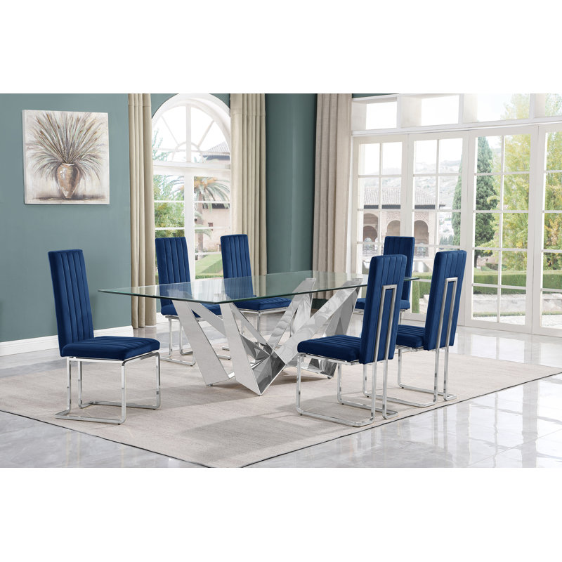 Ensemble de salle à manger Sipple, 7, Bleu marin / Argent