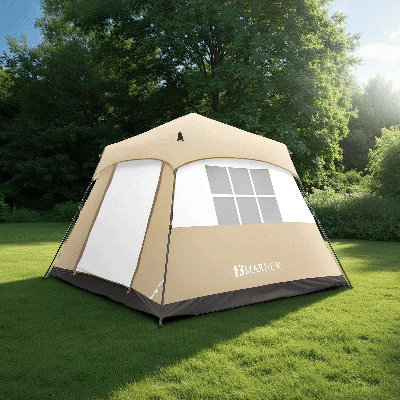 Tente pour 6 personnes avec poteaux pré-attachés, pouvant accueillir 1 très grand ou 2 grands matelas gonflables, grand espace respirant, poteaux en acier robuste pour le camping en famille, la randonnée et les aventures en plein air, beige