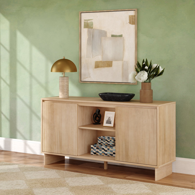 Modern TV Stand/Sideboard, 2 Door with Middle Shelf  (59 x 16 x 30in), Blonde, 30"H x 59"L x 16"W, Blonde