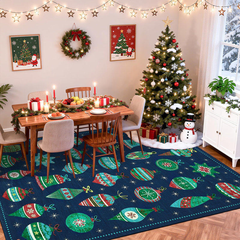 8x10ft Washable Christmas Ball Print Accent Rug w/ Non-Slip Backing,Stain-Resistant Low Pile Xmas Holiday Carpet