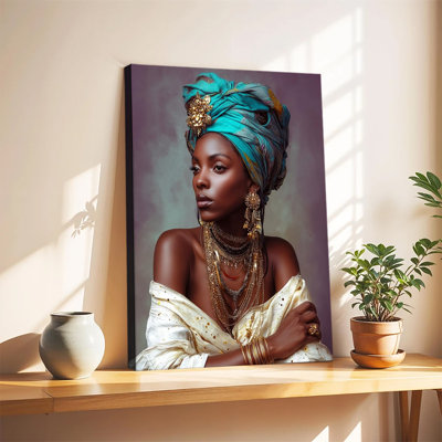 Portrait d'une élégante femme africaine coiffée d'un foulard turquoise, grande toile tendue sur châssis, idéale pour le salon ou la chambre.