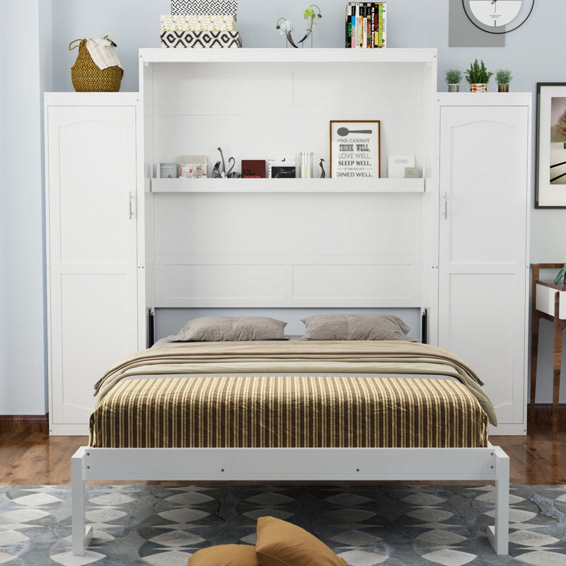 Lit double blanc avec deux garde-robes, plateforme stable et tablette pour armoire de chambre à coucher, étagère de rangement, chambre d'amis polyvalente,
