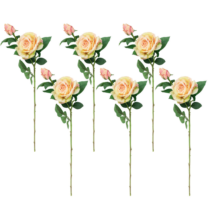 Cream and Pink Real Touch Artificial Rose Stems Set of 6