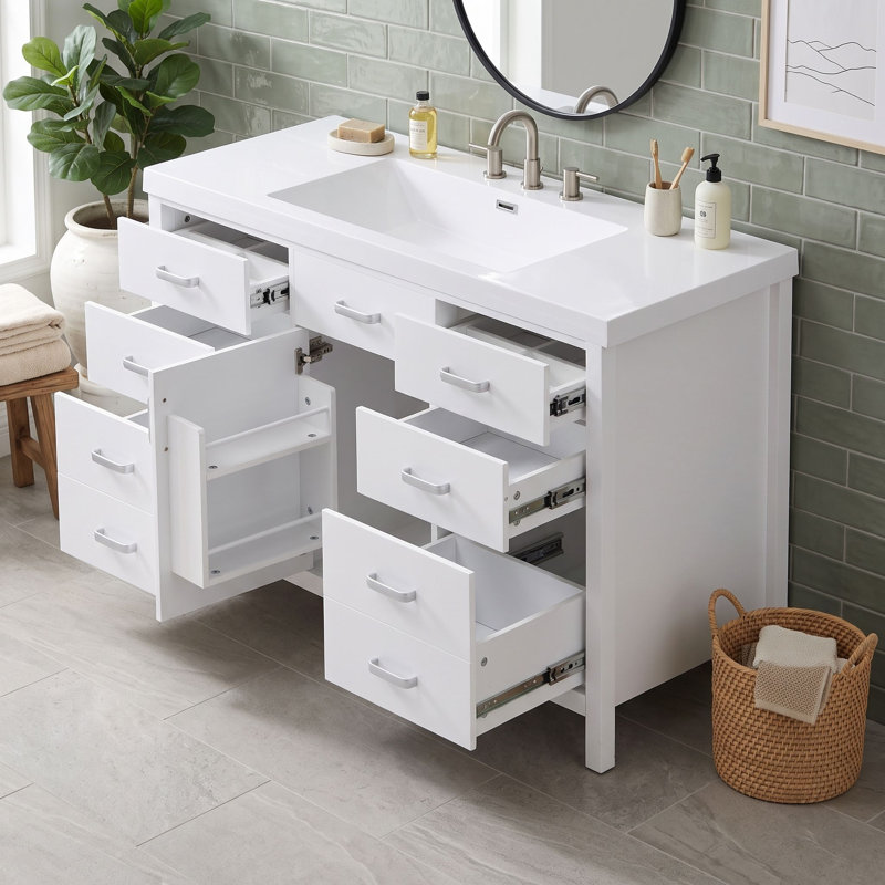 Meuble-lavabo de salle de bain avec lavabo en résine, porte à fermeture douce et 6 tiroirs, séparateurs amovibles et supports de porte à 2 niveaux