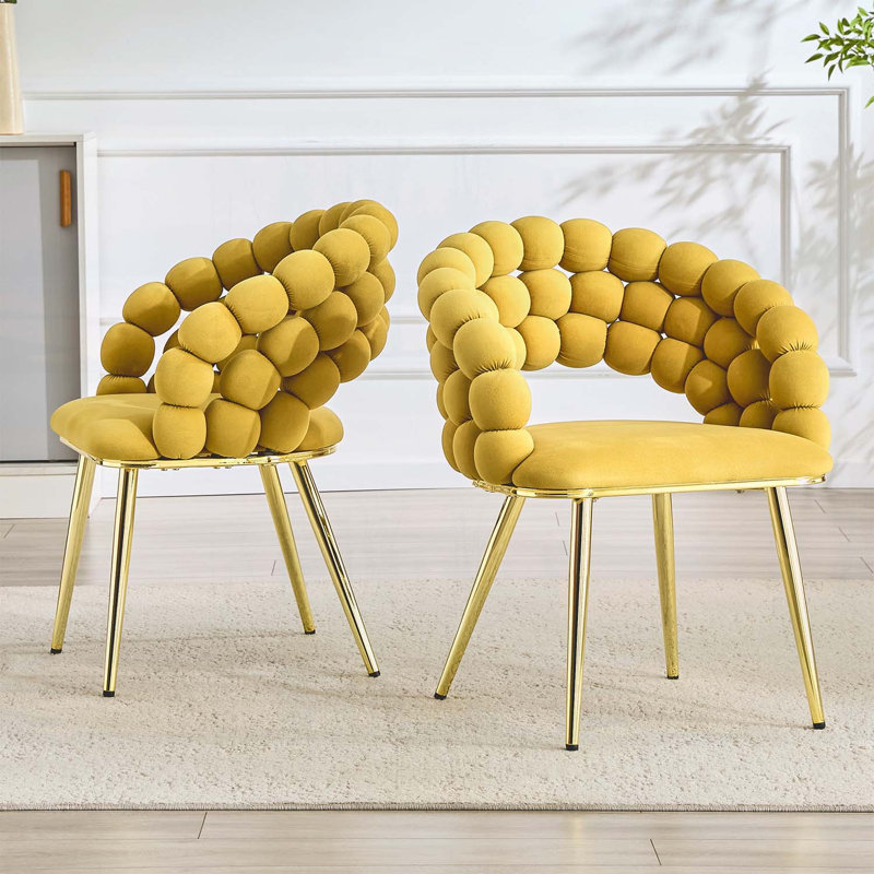 Ensemble de 2 chaises de salle à manger en velours bulles avec dossier gonflé et pieds en métal doré, parfait pour un décor moderne et élégant