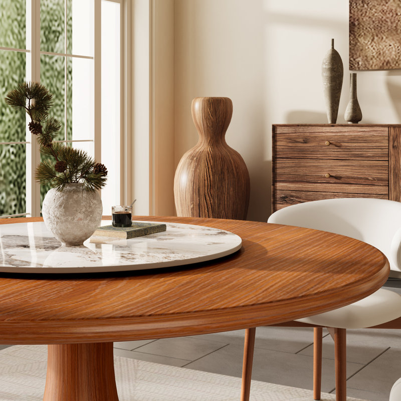 Mid-Century Space-Saving Solid Wood Rotating Round Dining table With Lazy Susan Tabletop, 29.52"H x 53.15"L x 53.15"W