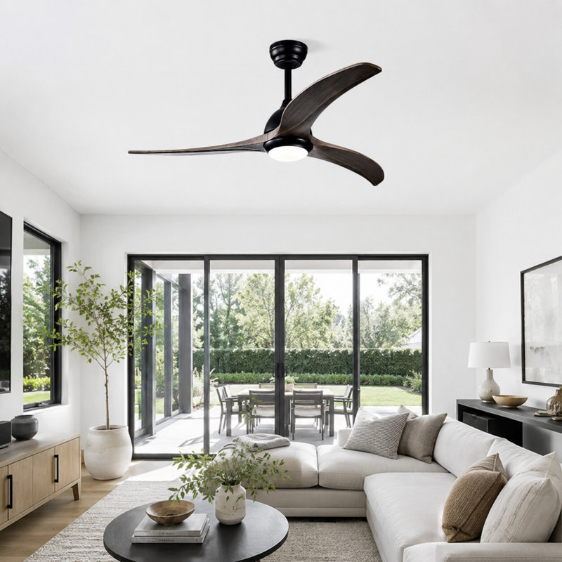 Ventilateur de plafond en bois massif de 52 po à 6 vitesses avec éclairage à DEL à intensité variable, 2 tiges et télécommande