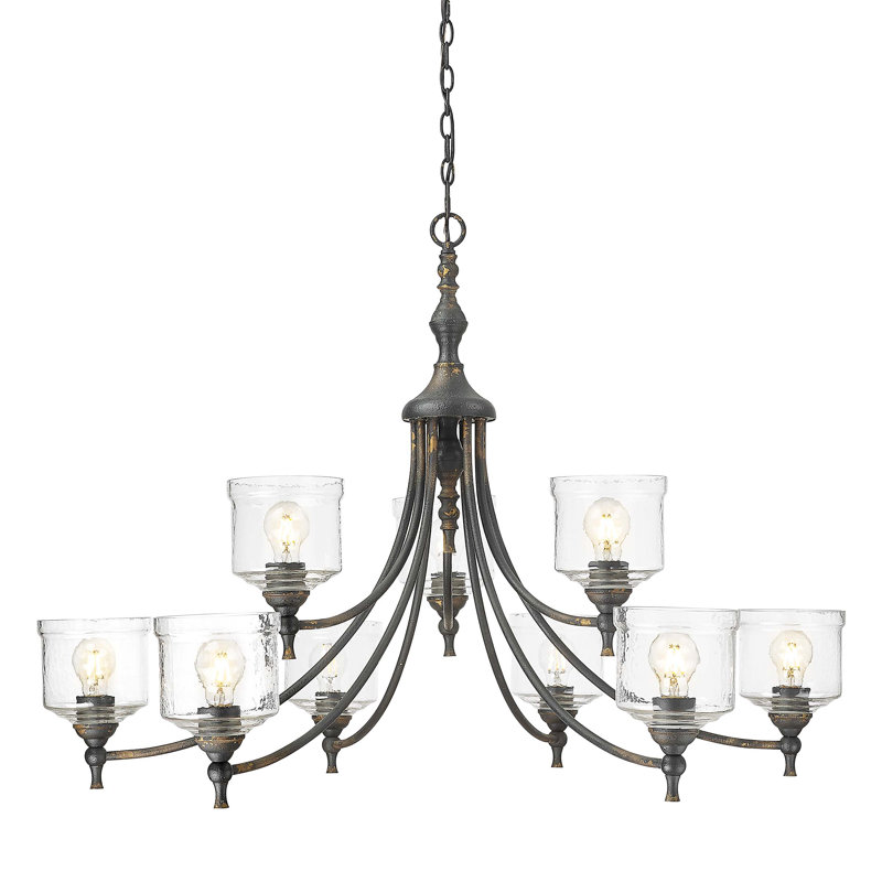 Lustre 9 lumières avec abat-jour en verre martelé Corder, Fer noir antique