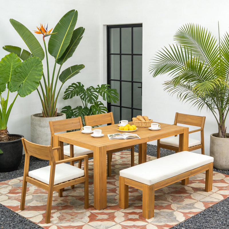Ensemble repas pour 6 personnes en bois d'acacia avec 4 chaises et 1 banc, ensemble repas 6 pièces avec trou pour parasol