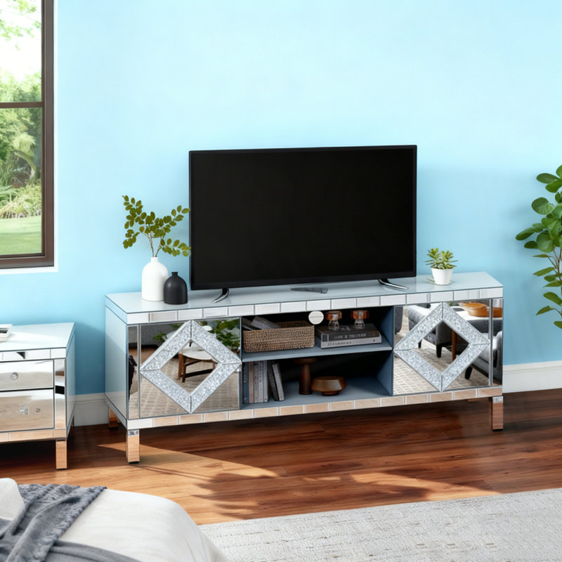 Meuble télé en miroir pour téléviseur de 65 pouces et plus, console de télévision avec rangement ouvert