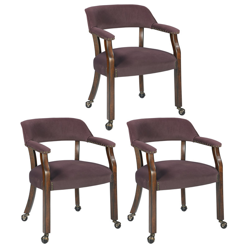 Wexford Collection Mid-Century Modern Upholstered Fabric Dining Chair, Wood Accent Chair with Arms and Casters for Dining Room, Vanity or Office, Velvet-Look Black Dining Chair