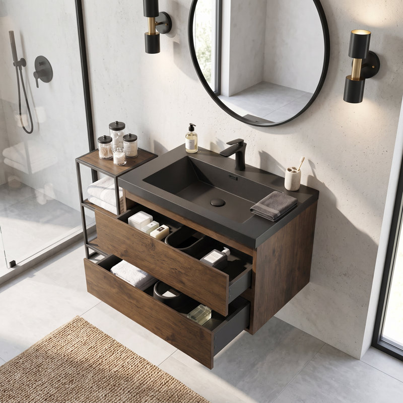 Meuble-lavabo suspendu flottant en mélamine de bois de 30 po avec lavabo intégré en résine et sable de quartz, quincaillerie de qualité supérieure à fermeture en douceur, aménagement de rangement intelligent et spacieux (entièrement assemblé)