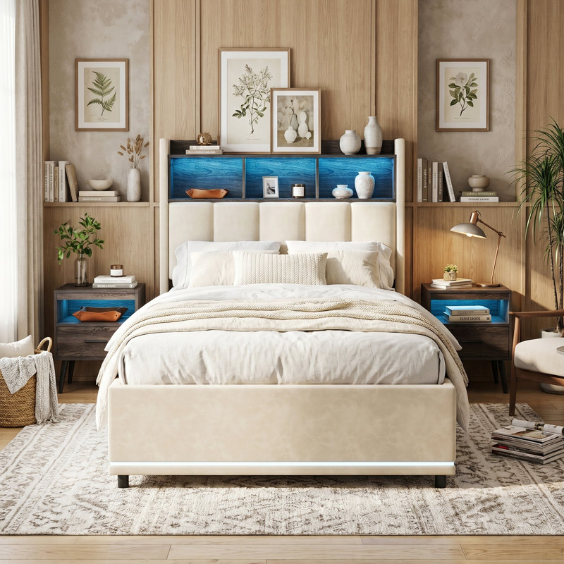 White Velvet Ottoman Bed with LED & Charging Headboard, 2-Tier Storage Shelf, 90/140/160x200cm, European Single (90 x 200 cm)