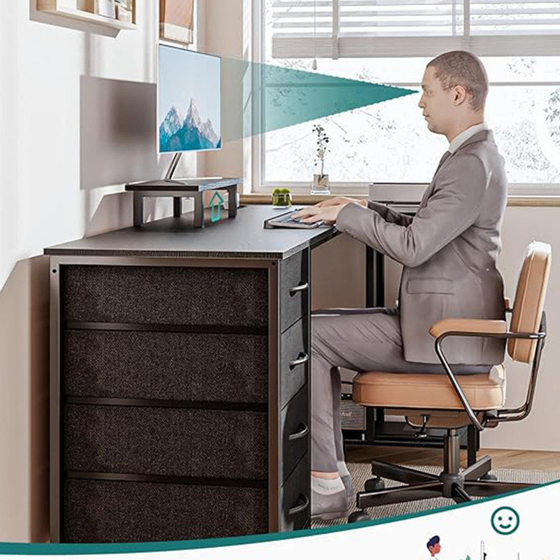 55" L Shaped Computer Desk with 4 Drawers and Power Outlet, Corner Desk with Monitor Stand & Reversible Storage Shelves, Black