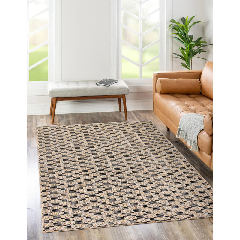 Tapis intérieur / extérieur crème et noir MDA Rugs, Rectangle 5 pi 4 po x 7 pi 7 po
