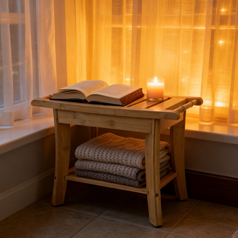 Bamboo Shower Stool Bench Waterproof with Storage Shelf, Includes 2 metal hanging hooks(Bamboo)