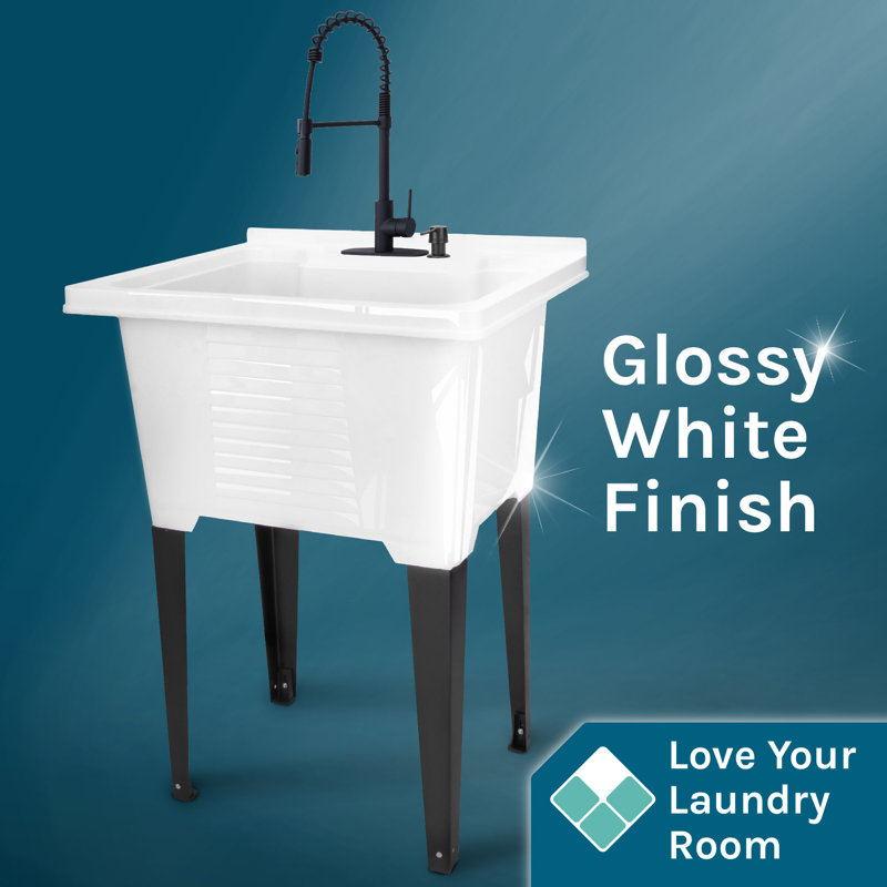 21.5'' L x 25'' W White Freestanding Laundry Sink with Faucet, Matte Black