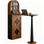 Table de bar américaine de style Mid-Century avec armoire de rangement, fini noyer, découpe en forme de pétale et pied central, 120 cm