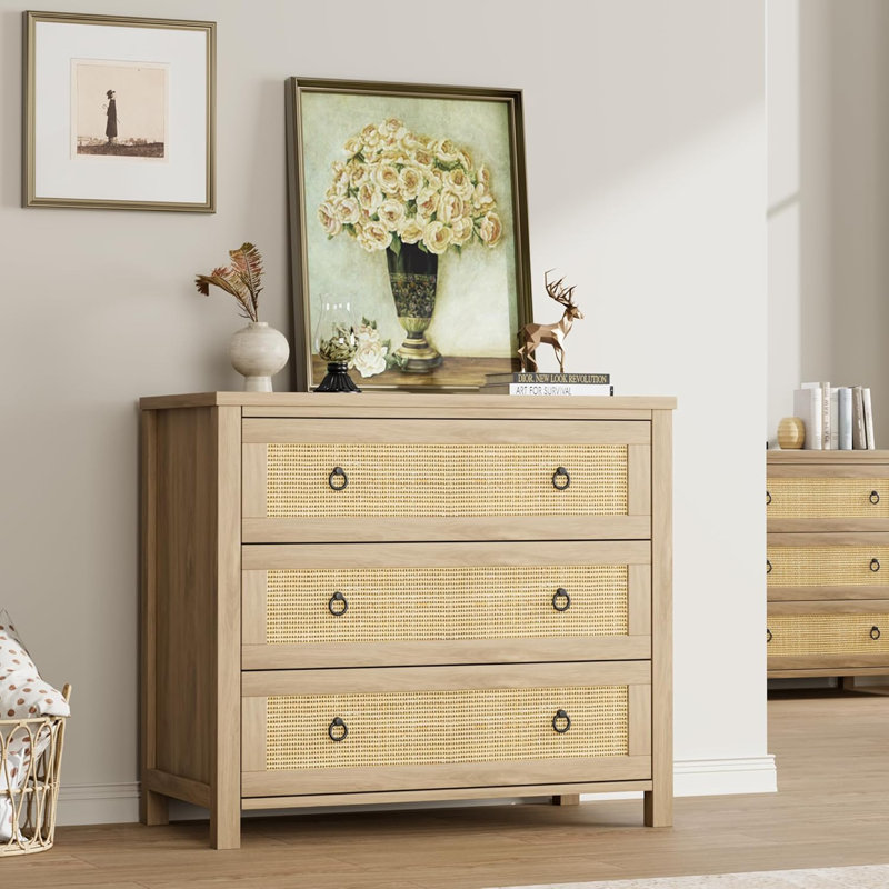 3-Dresser for Bedroom - Natural Rattan Style Storage for Nursery, Living Room