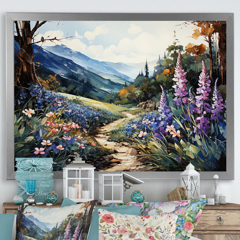 «Blue Bonnets Mountain Landscape» sur toile, H 30 po x l 40 po x P 1,5 po, Cadre simple argenté