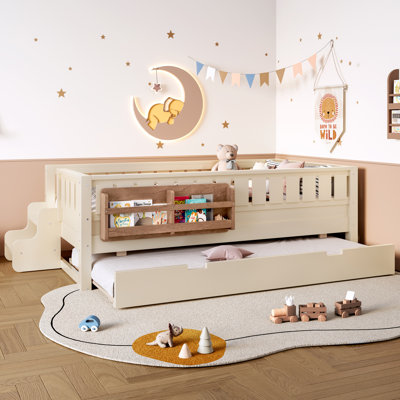 Lit simple pour enfant avec bibliothèque et escalier, cadre de lit avec garde-corps et lit gigogne, beige