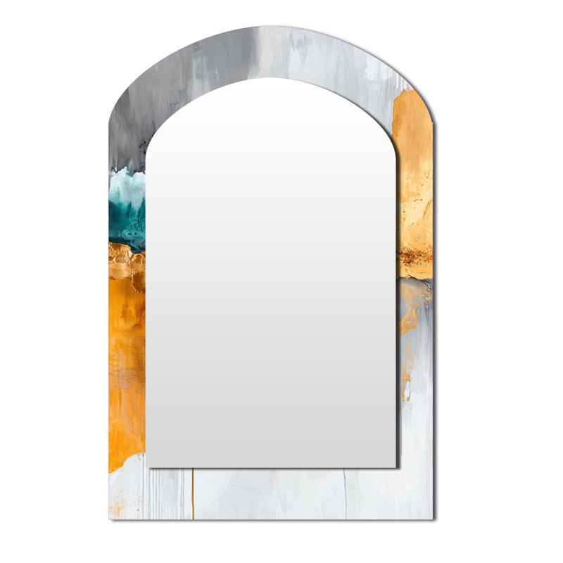 Contrasting Harmony Of Gray And Golden Marble I - Transitional Asymmetrical Mirror, Gold Arch Decorative Wall Mirror, Printed Metal Art
