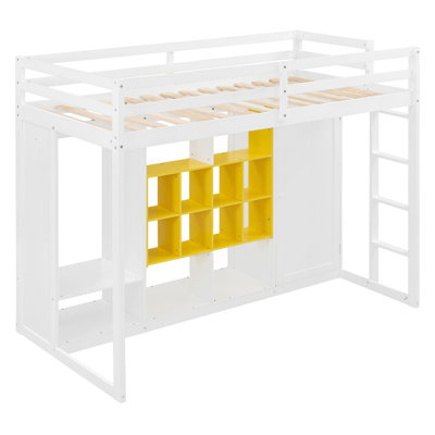 Lit mezzanine simple en bois avec garde-robe, tablettes et armoire, blanc et jaune
