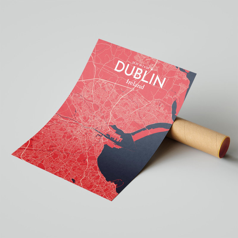 «Dublin City Map», impression de luxe, H 24 po x l 18 po, Rouge / bleu marine