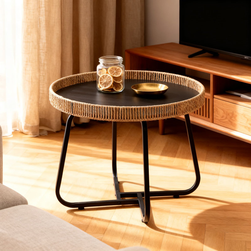 Table d'appoint ronde moderne en rotin avec structure en métal, table d'appoint multifonctionnelle pour le salon, la chambre à coucher, le bureau et le balcon