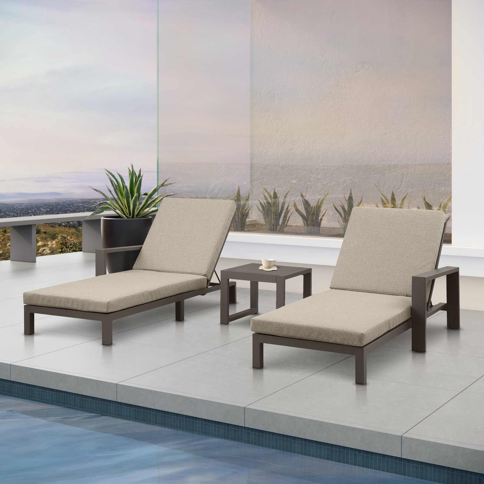 Hoyt Outdoor Metal Double Chaise Lounge, Bronze, Khaki