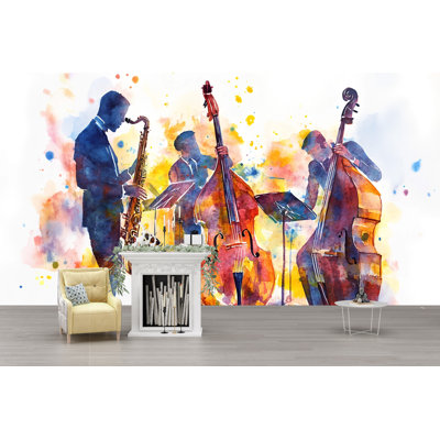 Papier peint aquarelle Jazz Band - Adhésif mural saxophone et contrebasse avec éclaboussures de couleur