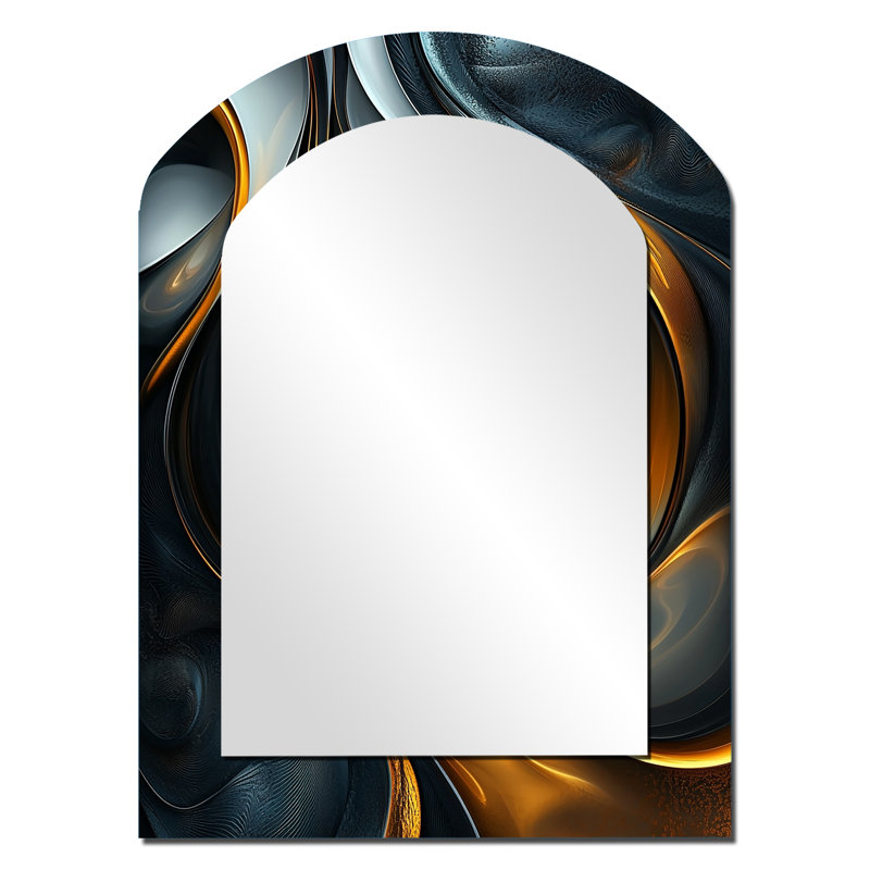 Swirl Abstract In Gold And Black Tones I - Abstract Painting Irregular Shape Large Wall Mirror, Modern Asymmetrical Unique Mirror, Printed Metal Art