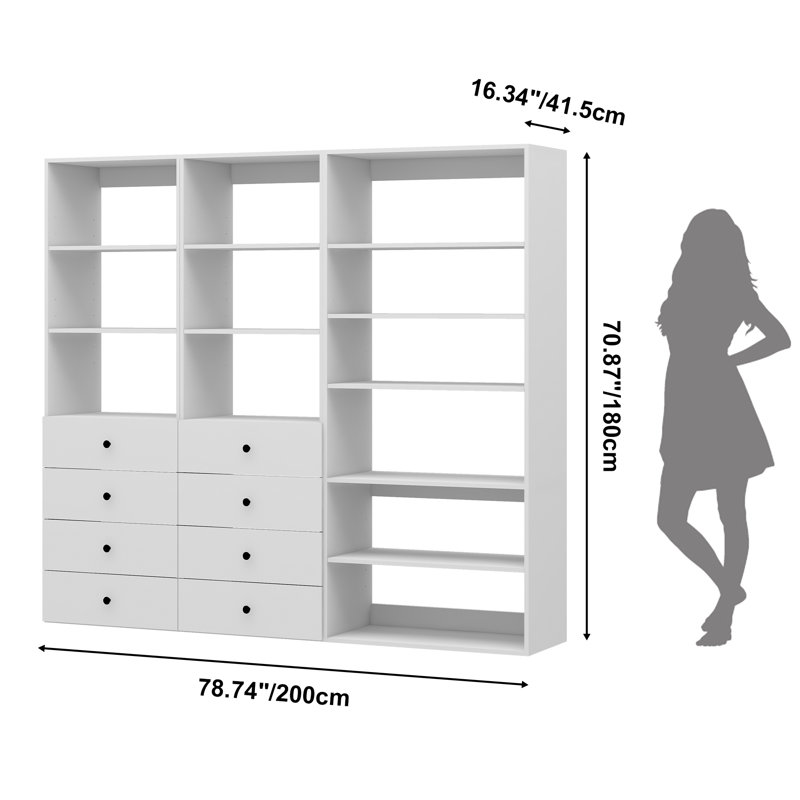 White Modular Walk in Closet Organizer System with 12 shelves and 8 drawers