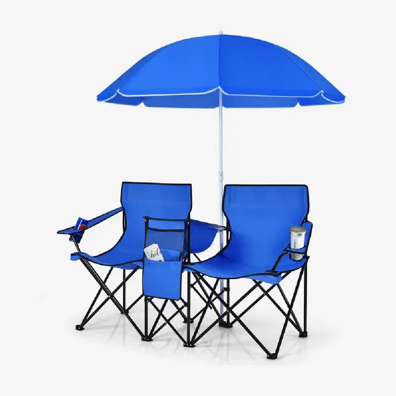 Portable Double Camping Chair, Folding Picnic Loveseat W/ Removable Adjustable Umbrella, Carrying Bag, Cooler Bag, Side Pocket & Cupholder, Perfect For Camping, Picnic, Fishing, Beach.