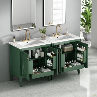Ensemble de meuble-lavabo 60 po avec lavabo double, lavabo en céramique, portes à fermeture en douceur avec tablette, tiroir de rangement