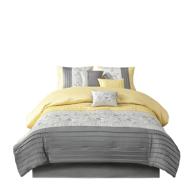 Polyester Embroidered Comforter Set 7 Piece, Yellow, Queen Comforter + 6 Additional Pieces
