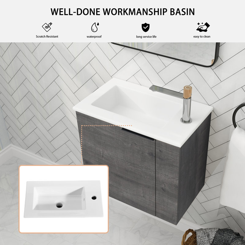 Ensemble de meuble-lavabo mural simple 22 po Didio, Chêne gris carreauté