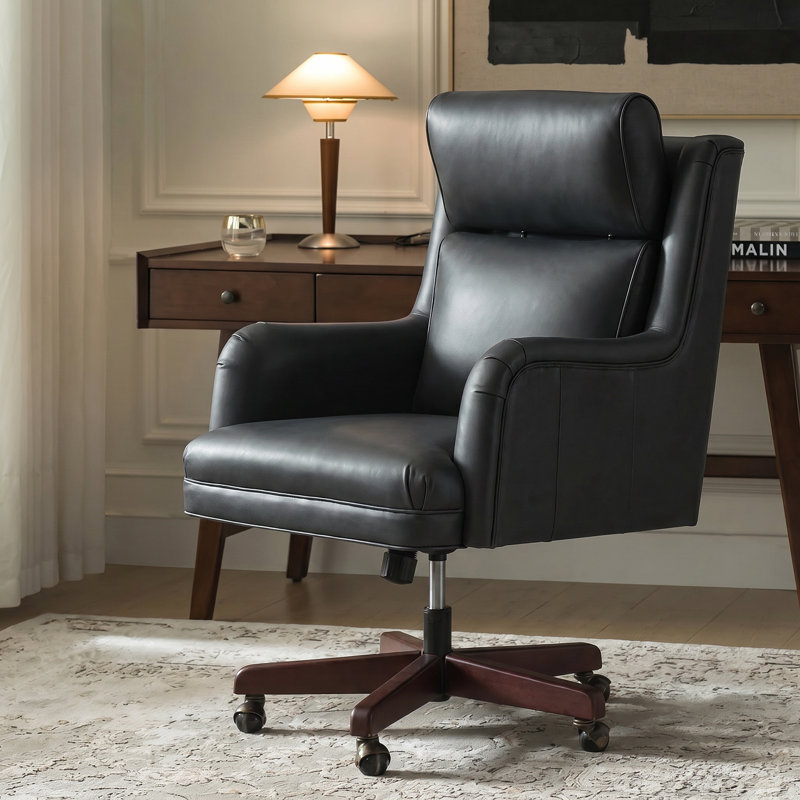 Chaise de bureau inclinable et pivotante en cuir véritable Heeg, Noir