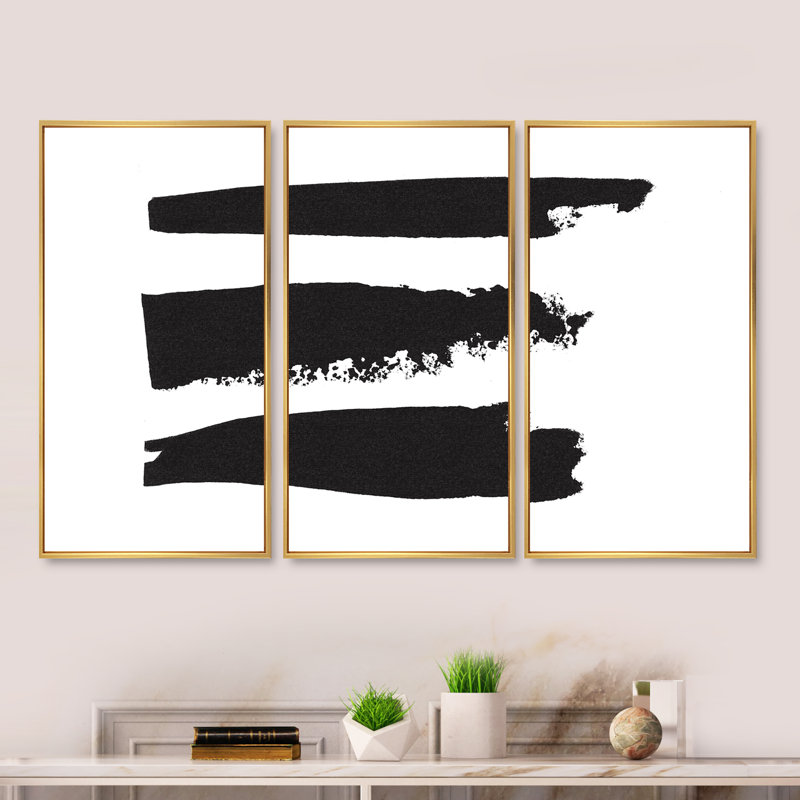 «Black and White Geometric Company II», ensemble d'art mural moderne encadré sur toile Mid-Century, Cadre brun