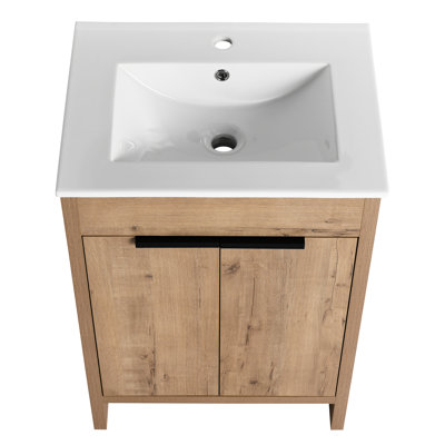 Bathroom Vanity With Ceramic Basin. 24" Freestanding. 2 Soft-Close Doors. Plywood. Modern Style White Sink. Cabinet Plywood Material. Decor