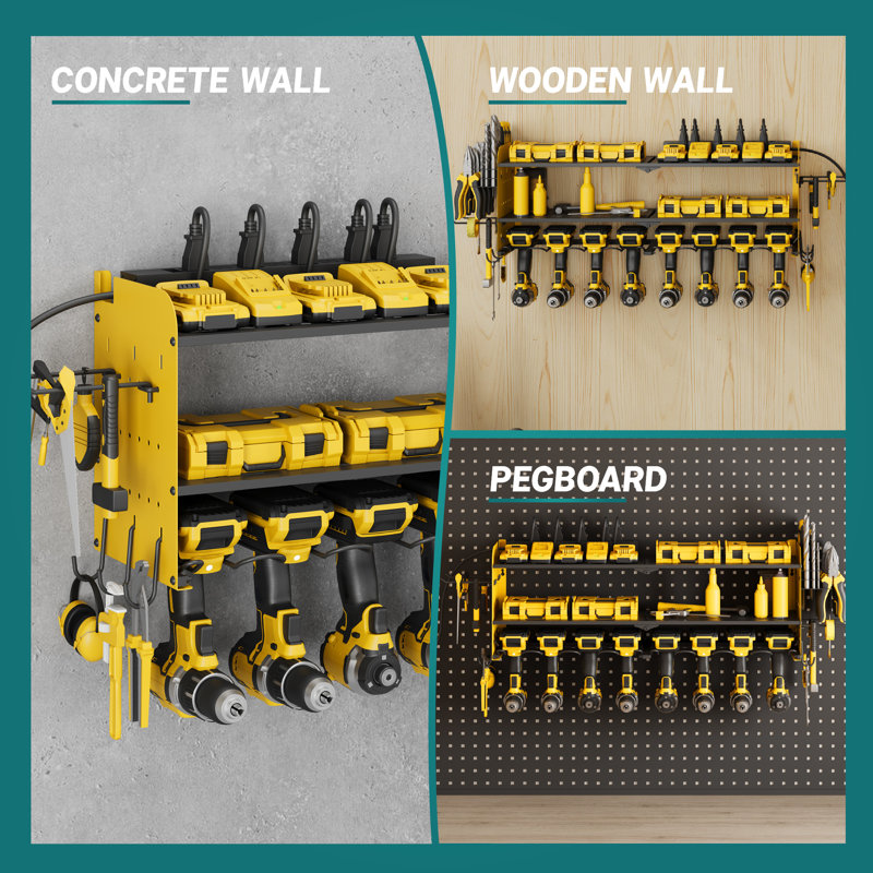 Power Tool Organizer with Charging Station Garage 8 Drill Holders Wall Mount with 8 Outlets, Yellow