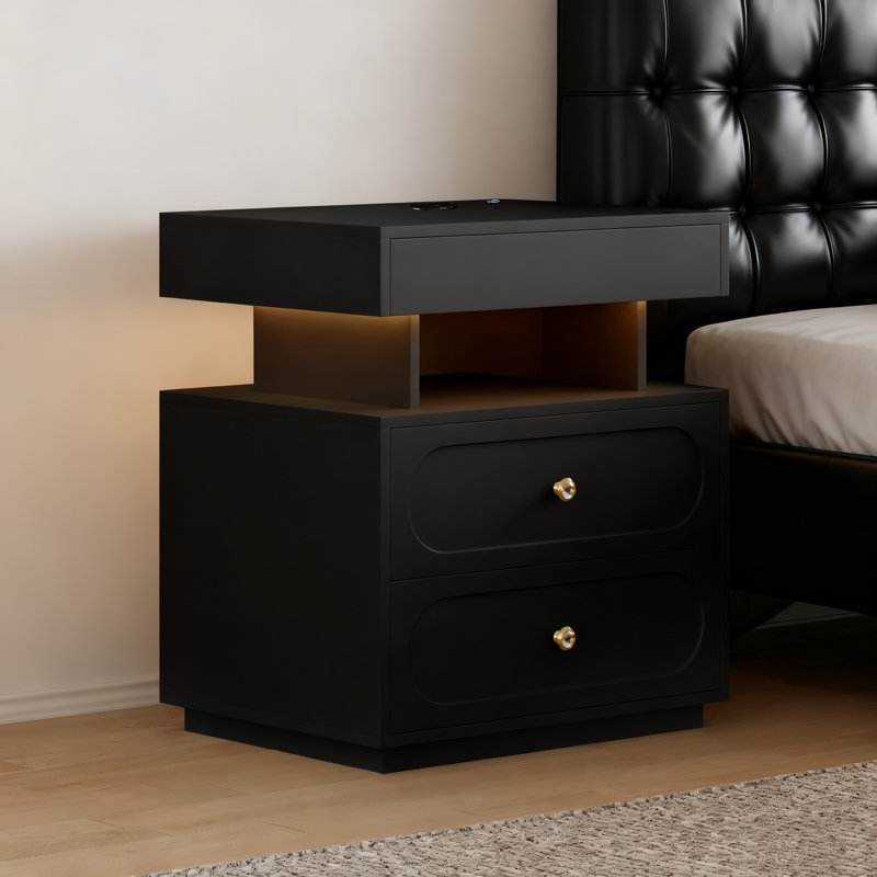 Floating 3-Drawer LED Smart Nightstand with Light  , Black
